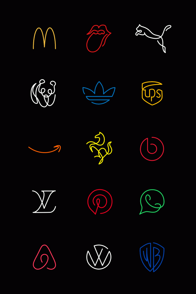 Line drawn logos on a black background 